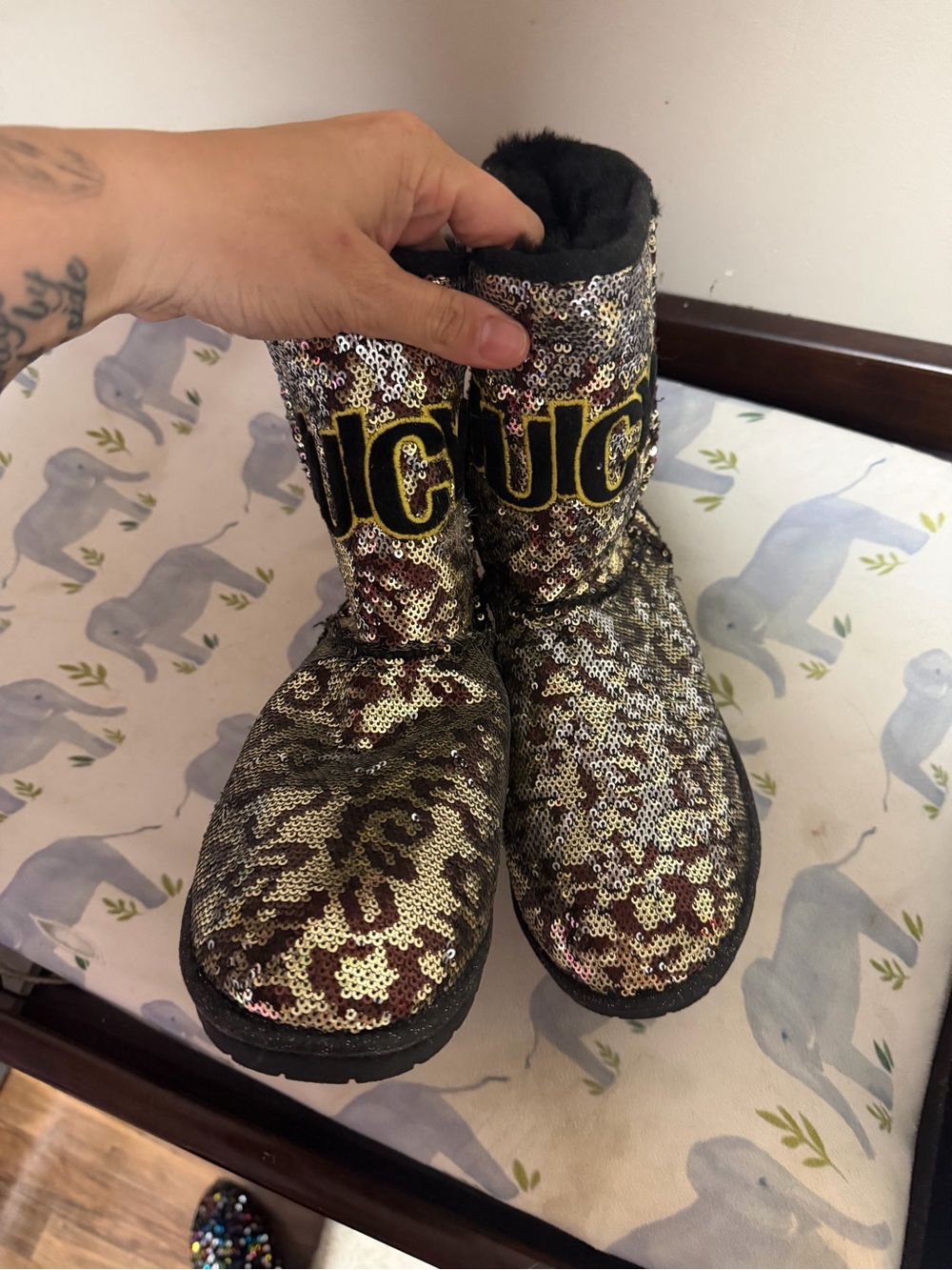 Juicy Couture Gold Sequin Reptile-Style Pet Boots